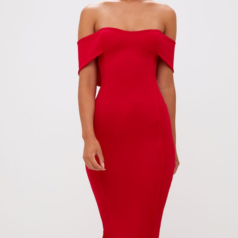 red bardot midi dress